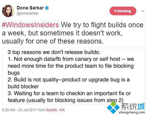 微软唐娜姐释疑：为何Win10预览版无法实现一周一推送